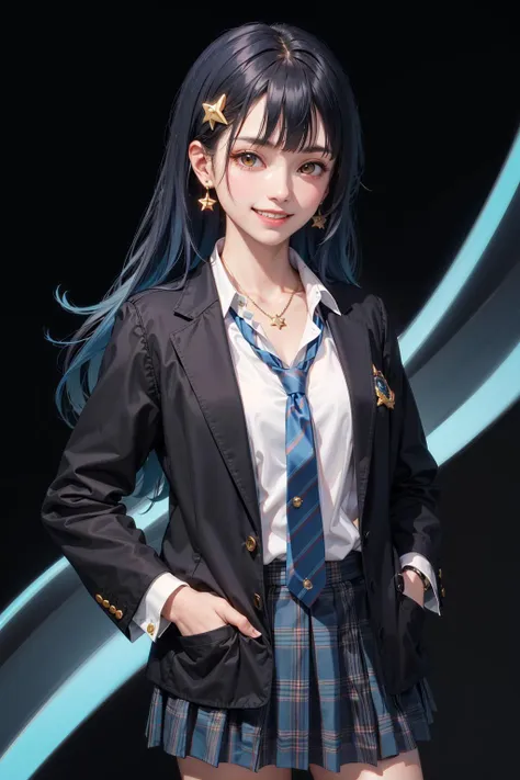 <lora:Anv2-07:0.7> , shian, 1girl, solo, long hair, looking at viewer, smile, skirt, simple background, shirt, black hair, hair ornament, long sleeves, jewelry, school uniform, blue hair, collarbone, jacket, white shirt, pleated skirt, earrings, open clothes, necktie, striped, collared shirt, star (symbol), grin, open jacket, blue skirt, black jacket, orange eyes, plaid, dress shirt, plaid skirt, blazer, black background, hand in pocket, star hair ornament, hands in pockets, star earrings, striped necktie