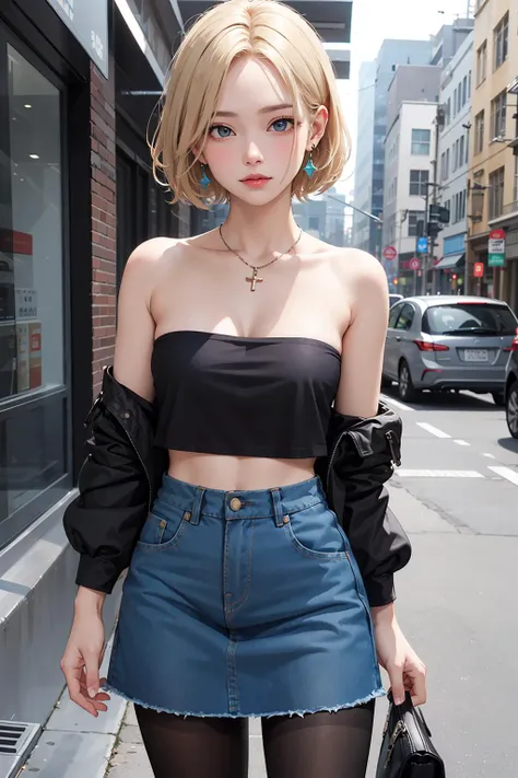 best quality, highres, and18, 1girl, android 18, solo, blonde hair, blue eyes, short hair, earrings, jewelry, denim vest, open vest, black pantyhose, black shirt, denim skirt, striped long sleeves, blue skirt, medium breasts, <lora:android_18_v110:0.5>, cowboy shot, street, (Externally expanded Chest:1.2), (Strapless:1.2), off-the-shoulder,