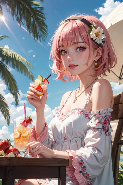 <lora:OtoriEmu-02:0.7> ,wdhemu, 1girl, solo, looking at viewer, smile, short hair, hair ornament, long sleeves, holding, bare shoulders, jewelry, sitting, closed mouth, upper body, pink hair, flower, hairband, outdoors, frills, detached sleeves, food, sky, cloud, hair flower, medium hair, pink eyes, necklace, blurry, tree, cup, fingernails, sparkle, fruit, umbrella, chair, beach, floral print, table, sunlight, cloudy sky, white flower, frilled sleeves, holding cup, light particles, lens flare, backlighting, sunset, drinking straw, glint, strawberry, drink, palm tree, dot nose, food-themed hair ornament, hibiscus, diffraction spikes, orange slice, coconut