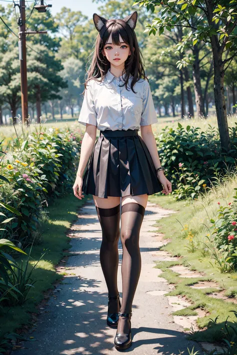 full body, depth of field, looking at viewer, <lora:Loraeyes_V1:0.5>, 1girl, well-detailed-face, well-detailed-complex-shiny-blue-eyes, messy brown hair, fluffy dog ears, butterfly, smug, black-white-shirt, skirt, thighhighs, high-quality-masterpiece, absurdres, highly-detailed, grasslands, forest, rocky river, cylindrical perspective,