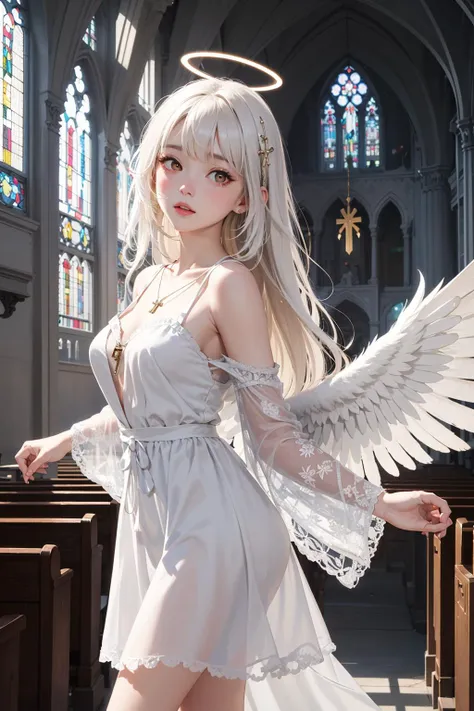 (masterpiece, high quality, highres,Highest picture quality), (Master's work),(religion theme :1.25),blurry background,warm light,, (colorful:0.7),(church:1.1), (Flower window glass,tyndall effect ,1.05), floating white feathers, (halo:0.95),light on face,(zentangle:1.3),(closed eyes:0.55),eyelashes, (1loi:1.1),angel,angel wings,white wings,huge wings,solo,collarbone,(crucifix:1.1) necklace,ornament,(blush:0.6), (ahoge:1), (makeup:0.5), small breasts, (head tilt:0.75),white dress,see-through, floating in the air, graceful,noble, barefoot, Standing at an angle,(from side:0.8), bare shoulders, shiny skin, shiny hair,long hair, peaceful,(bright pupils:1.1), yellow eyes, white hair, floating hair,cold face