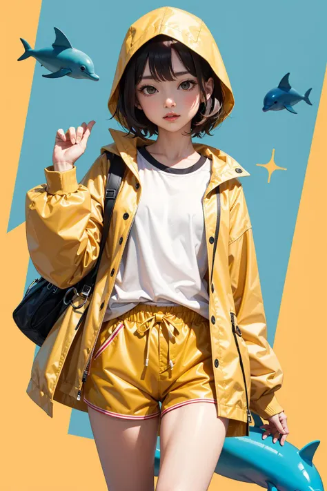 1girl,yellow raincoat,dolphin shorts,mosaic background,standing,