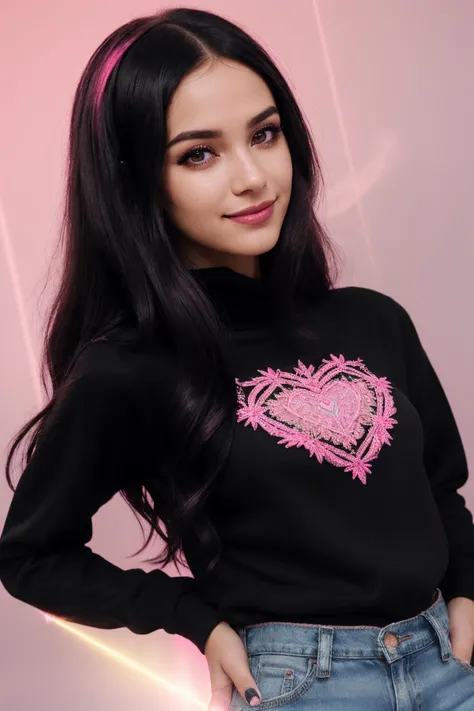 DV_Karah_Vicious ((Black Theme, Black and Pink Backdrop:1.4)) (Close-Up Shot, Face Portrait:1.4) (black hair:1.5) wearing (Blue Jeans and a Black sweatshirt :1.3), 35mm, F/2.8, ((Photo Focus, DOF, Aperture, insanely detailed and intricate, character, hypermaximalist, elegant, ornate, beautiful, exotic, revealing, appealing, attractive, amative, hyper realistic, super detailed, heresy flares)) (smiling at viewer) (volumetric pink smoke:1.3) (pink lens flare:1.2)(sharpness:1.3)(details:1.3)