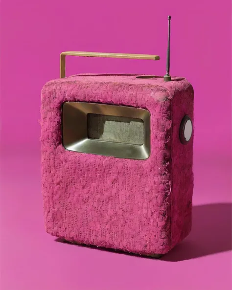 a radio made of Soft Rush:1.3,   on a magenta background:1.4, Carol Bove, aesthetic, a surrealist sculpture, aestheticism<lora:Chroma_Essence:1.0>