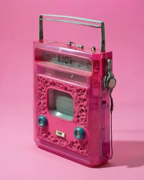 a radio made of Plastic:1.3, on a cerise background:1.4, Carol Bove, aesthetic, a surrealist sculpture, aestheticism<lora:Chroma_Essence:1.0>