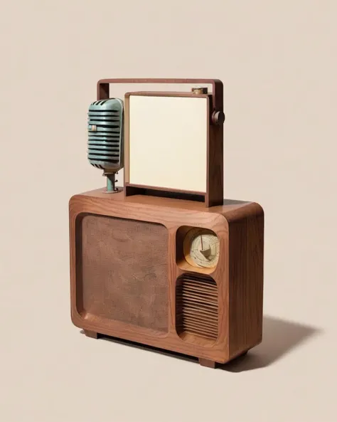 a radio made of Laminated Veneer Lumber:1.3, on a sandy-brown background:1.4, Carol Bove, aesthetic, a surrealist sculpture, aestheticism<lora:Chroma_Essence:1.0>