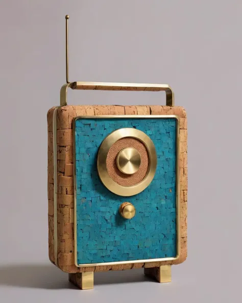 a radio made of Cork:1.3, on a brass background:1.4, Carol Bove, aesthetic, a surrealist sculpture, aestheticism<lora:Chroma_Essence:1.0>