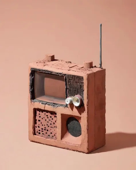 a radio made of Burnt Clay Bricks:1.3, on a puce background:1.4, Carol Bove, aesthetic, a surrealist sculpture, aestheticism<lora:Chroma_Essence:1.0>