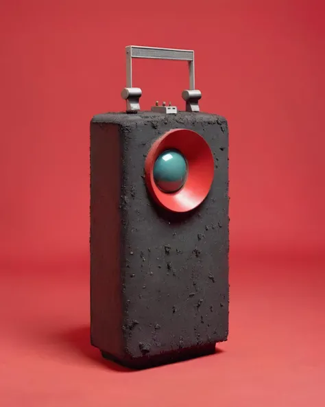 a radio made of Asphalt:1.3, on a red background:1.4, Carol Bove, aesthetic, a surrealist sculpture, aestheticism<lora:Chroma_Essence:1.0>