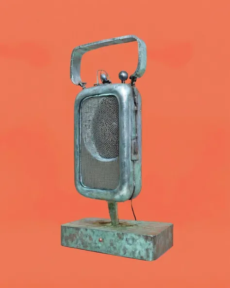 a radio made of Galvanized Steel:1.3,   on a persimmon background:1.4, Carol Bove, aesthetic, a surrealist sculpture, aestheticism<lora:Chroma_Essence:1.0>