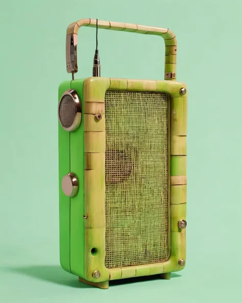 a radio made of Bamboo:1.3,   on a lime-green background:1.4, Carol Bove, aesthetic, a surrealist sculpture, aestheticism<lora:Chroma_Essence:1.0>