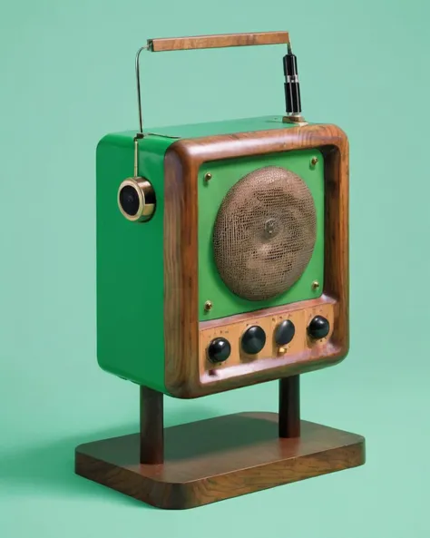 a radio made of Wood:1.3, on a kelly-green background:1.4, Carol Bove, aesthetic, a surrealist sculpture, aestheticism<lora:Chroma_Essence:1.0>