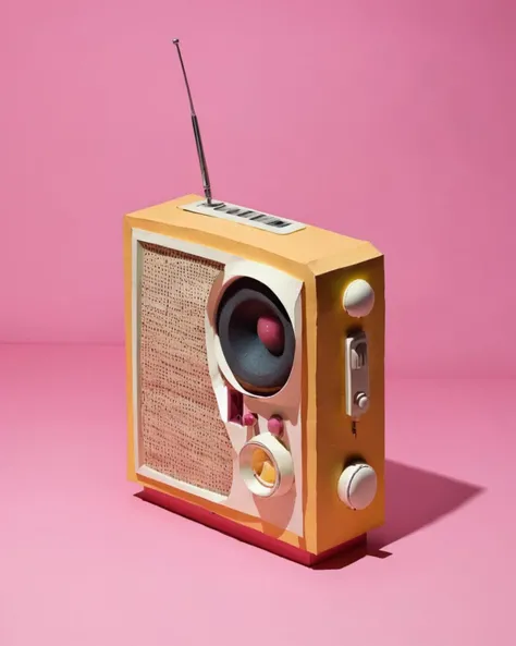 a radio made of Paper:1.3, on a sangria background:1.4, Carol Bove, aesthetic, a surrealist sculpture, aestheticism<lora:Chroma_Essence:1.0>