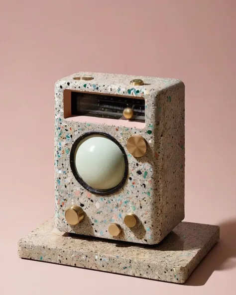 a radio made of Terrazzo:1.3,   on a bistre background:1.4, Carol Bove, aesthetic, a surrealist sculpture, aestheticism<lora:Chroma_Essence:1.0>
