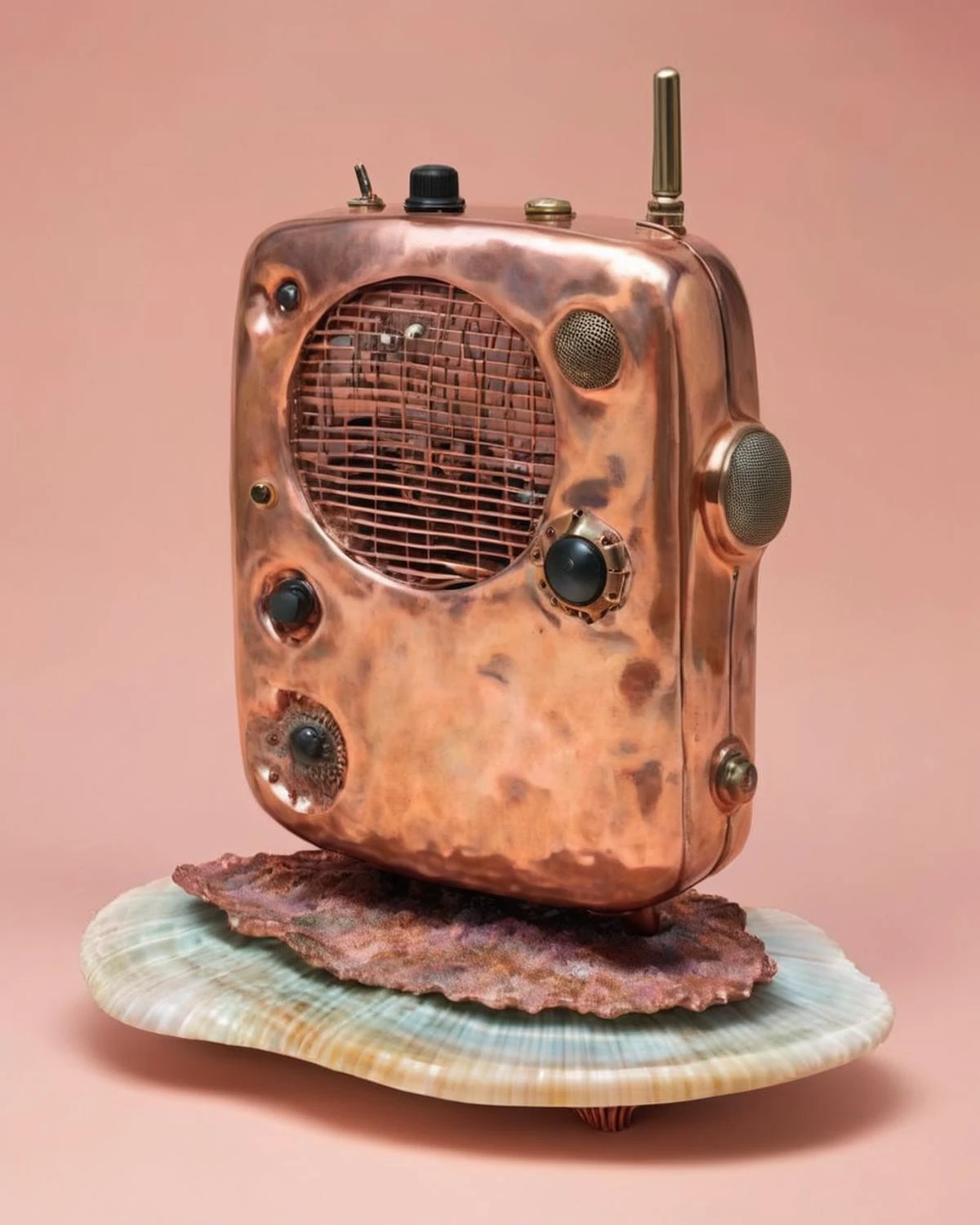 a radio made of Copper:1.3, on a seashell background:1.4, Carol Bove, aesthetic, a surrealist sculpture, aestheticism<lora:Chroma_Essence:1.0>