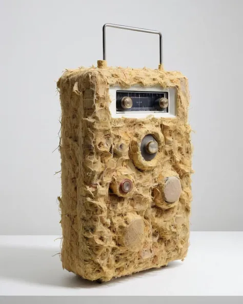a radio made of Mineral Wool Insulation:1.3,   on a titanium-white background:1.4, Carol Bove, aesthetic, a surrealist sculpture, aestheticism<lora:Chroma_Essence:1.0>