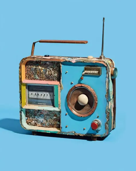 a radio made of Upcycled Materials:1.3, on a bondi-blue background:1.4, Carol Bove, aesthetic, a surrealist sculpture, aestheticism<lora:Chroma_Essence:1.0>