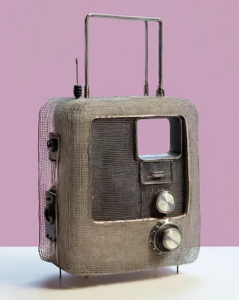 a radio made of Wire Mesh:1.3, on a caput-mortuum background:1.4, Carol Bove, aesthetic, a surrealist sculpture, aestheticism<lora:Chroma_Essence:1.0>