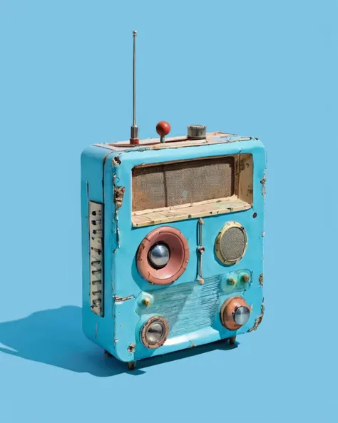 a radio made of Upcycled Materials:1.3, on a sky-blue background:1.4, Carol Bove, aesthetic, a surrealist sculpture, aestheticism<lora:Chroma_Essence:1.0>