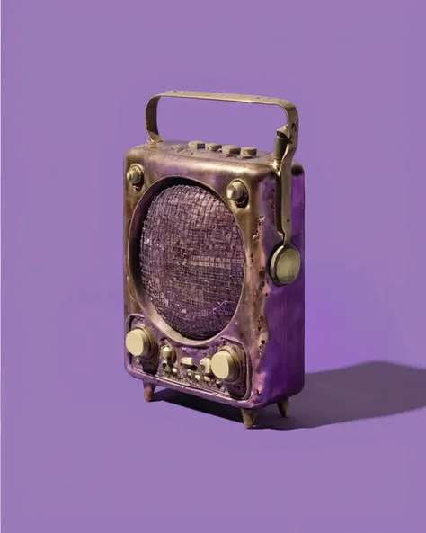 a radio made of Rare-earths:1.3, on a purple background:1.4, Carol Bove, aesthetic, a surrealist sculpture, aestheticism<lora:Chroma_Essence:1.0>
