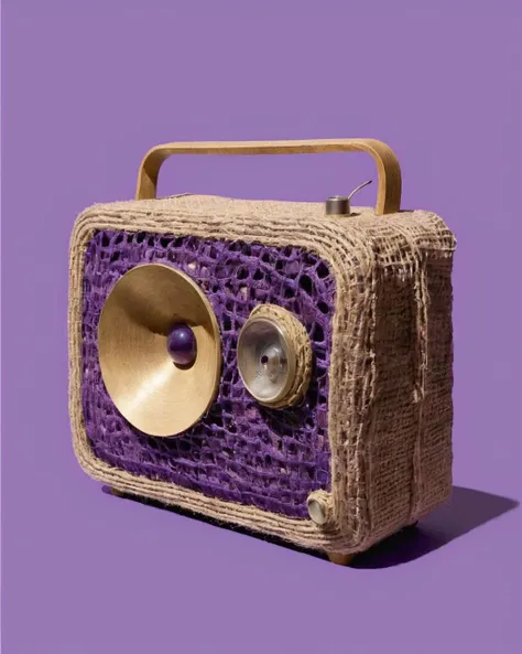 a radio made of Jute:1.3, on a amethyst background:1.4, Carol Bove, aesthetic, a surrealist sculpture, aestheticism<lora:Chroma_Essence:1.0>