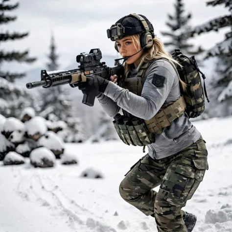 a full body disposable photograph of a blonde female soldier wearing dark woodland camo tactical pants and chest rig, grey hoodie, wearing a (tactical helmet:1.2) with headphones, aiming a pistol with a rifle on her back, on a snowy mountain <lora:Tact_Perp2-000009:0.45>