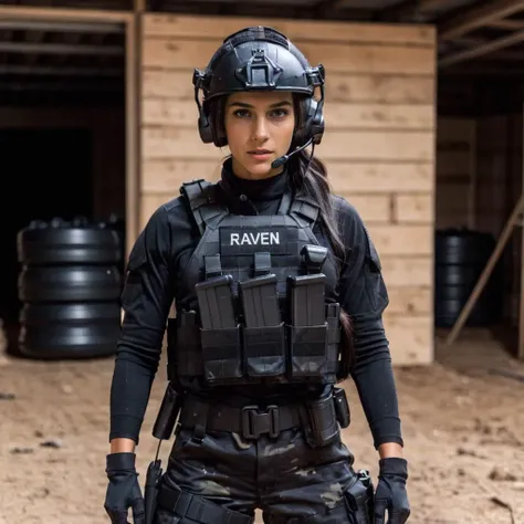 a full body disposable photograph of a female soldier wearing black tactical clothing and black plate carrier that says "RAVEN", wearing a tactical helmet with headphones <lora:Tact_Perp2-000009:0.45>