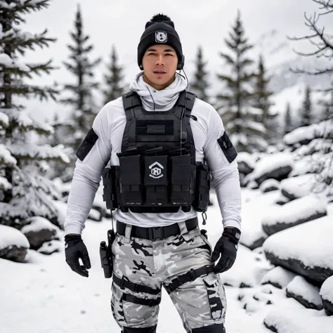 a full body disposable photograph of a male soldier wearing white snow camo tactical pants and park with a chest rig, wearing a black beanie with headphones, on a snowy mountain <lora:Tact_Perp2-000009:0.45>
