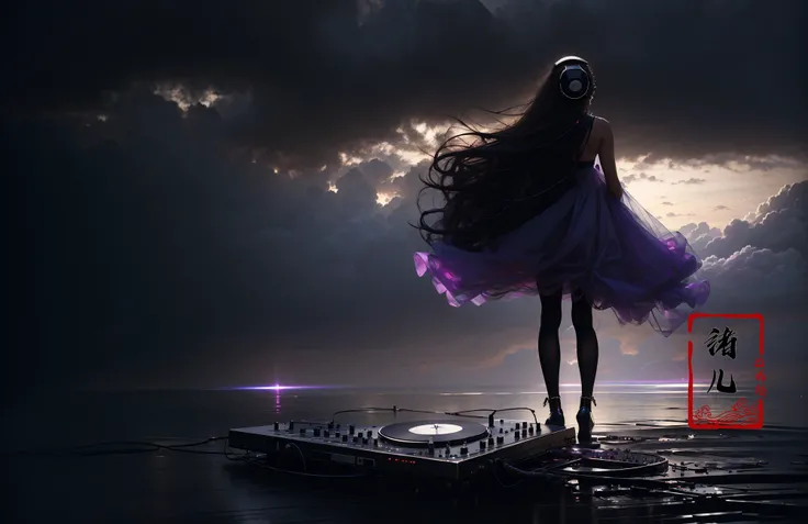 (best quality), (real), (masterpiece),(single focus), (sing), (Light and dark contrast, high contrast, high saturation:1.2)
A young girl DJ spinning tracks, fashion photography, in style of angura kei, hime - cut, straight hairthe environment transitioning from calm skies to turbulent storms, purple color, Tilt-Shift, Christian Lacroix, Tim Walker, Chema Madoz,
DJ1girl, solo, instrument, headphones,
jewelry, bracelet , long hair , keyboard (instrument) , (full body:1.1), lips, <lora:~Q?-mj DJ:0.8>