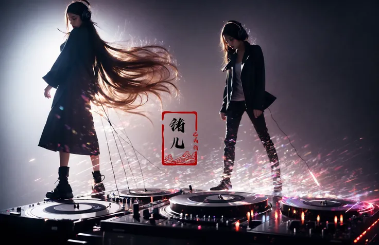 (best quality), (real), (masterpiece),(single focus), (sing), (Light and dark contrast, high contrast, high saturation:1.1)
A young girl DJ spinning tracks, fashion photography, in style of angura kei, hime - cut, straight hairthe environment transitioning from calm skies to turbulent storms, purple color, Tilt-Shift, Christian Lacroix, Tim Walker, Chema Madoz,
DJ1girl, solo, instrument, headphones,
jewelry, bracelet , long hair , keyboard (instrument) , (full body:1.1), lips, <lora:~Q?-mj DJ:0.8>