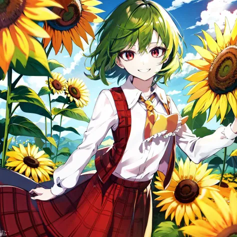 anime, happy, smile, teeth, flat chest, yellow ascot, white undershirt, light smile, best quality, absurdres, masterpiece, kazami yuuka, red eyes, green_hair, solo, detailed face, detailed eyes, highres <lora:kazami:1>, sunflower field background