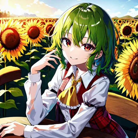 anime, happy, smile, flat chest, yellow ascot, white undershirt, light smile, best quality, absurdres, masterpiece, kazami yuuka, red eyes, green_hair, solo, detailed face, detailed eyes, highres <lora:kazami:1>, sitting at table, sunflower field background