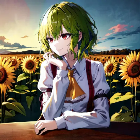 looking to the side, looking away, anime, happy, smile, flat chest, yellow ascot, white undershirt, light smile, best quality, absurdres, masterpiece, kazami yuuka, red eyes, green_hair, solo, detailed face, detailed eyes, highres <lora:kazami:1>, sitting at table,  sunflower field background
