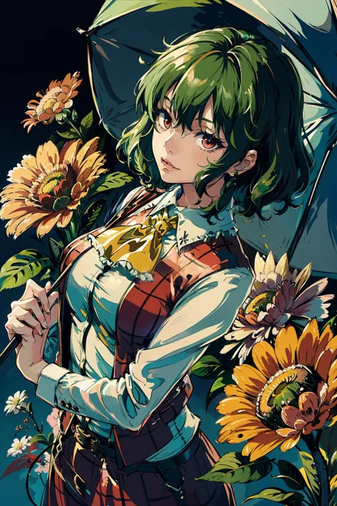 masterpiece, best quality, <lora:kazami:1>,1girl,green hair,ascot, kazami yuuka, umbrella,hair flower, flower