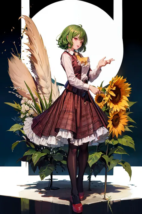 masterpiece, best quality, <lora:kazami:1>,1girl, kazami yuuka, green hair,solo, flower, umbrella, red footwear, green hair, skirt, sunflower, pantyhose, rose, plaid, shirt, ascot, vest, plaid vest, red rose, red eyes, white shirt, plaid skirt, red flower, long sleeves, looking at viewer, red skirt, holding, full body, short hair, red vest, holding umbrella, frills, smile, black pantyhose, petticoat, yellow ascot, cloud, shoes, white background, hair between eyes, standing, sky, parasol, blue sky, breasts, bangs, ahoge, skirt set, thighs, frilled skirt, day, simple background, high heels, collared shirt, open vest, leaf, blush, roman numeral