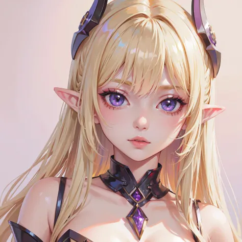 masterpiece, msks style, SLE, 1girl, blonde, purple eyes, pointy ears, bare shoulders, max detail background