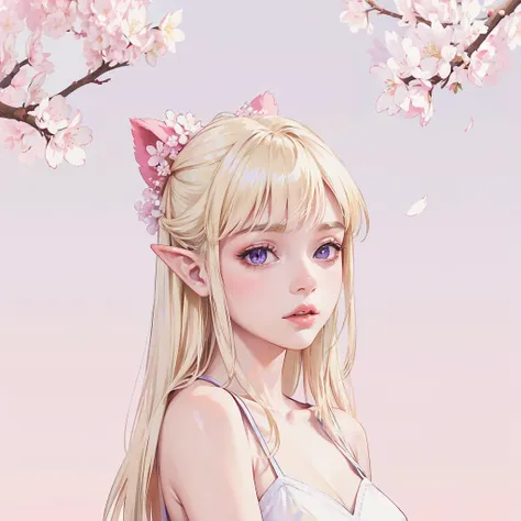 masterpiece, msks style, SLE, 1girl, blonde, purple eyes, pointy ears, bare shoulders, max detail background, cherry blossom scenery <lora:Lil-Lizzie-Style-V1:1>