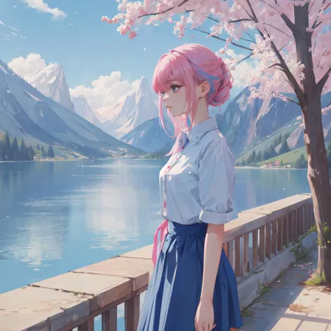 masterpiece, 1girl, pink-blue hair, max detail background, melancholic scenery