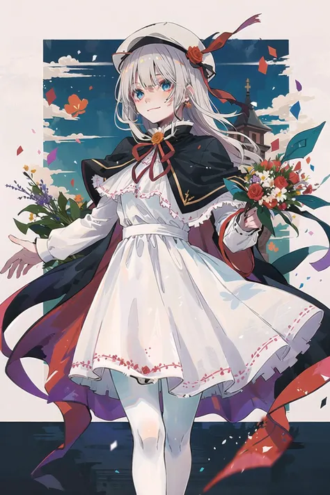 KoiKoi, 1girl, blue eyes, blunt bangs, bouquet, closed mouth, cowboy shot, dress, flower, frilled dress, frilled sleeves, frills, hat, hat flower, holding, holding bouquet, long hair, long sleeves, looking at viewer, pantyhose, pleated dress, puffy long sleeves, puffy sleeves, sky, smile, solo, star (sky), starry sky, sunrise, wavy hair, white dress, white headwear, white pantyhose, bangs, rose, red flower, white hair, beret, standing, red rose, mountain, white capelet, capelet, blue flower, medium hair, castle,
<lora:KoiKoi:1>