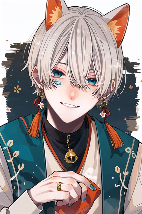 KoiKoi, 1boy, mask, male focus, blue eyes, jewelry, bell, looking at viewer, solo, fox mask, earrings, blue nails, flower, white hair, nail polish, ring, smile, short hair, holding, jingle bell <lora:KoiKoi:1>
