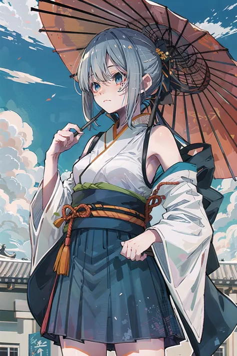 KoiKoi, 1girl, architecture, armpit crease, bare shoulders, black hair, blue eyes, blue hair, blue theme, breasts, closed mouth, cloud, colored inner hair, detached sleeves, dusk, east asian architecture, expressionless, folding fan, hakama, hakama short skirt, hakama skirt, hand fan, high ponytail, japanese clothes, kimono, long hair, long sleeves, looking at viewer, medium breasts, multicolored hair, obi, ponytail, sash, shade, sidelocks, skirt, sky, sleeves past fingers, sleeves past wrists, solo, standing, sunlight, two-tone hair, wide sleeves, bangs, blue sky, umbrella, outdoors, day, white kimono, chromatic aberration, blue skirt, pleated skirt,
  <lora:KoiKoi:1>