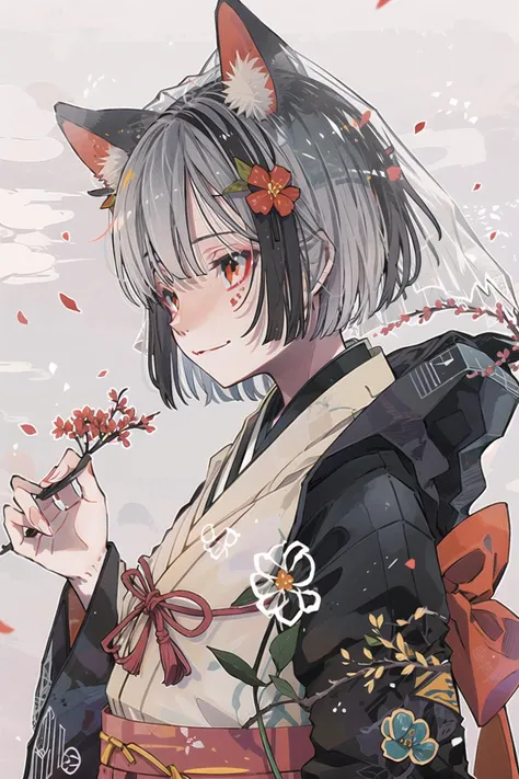 KoiKoi, 1girl, animal ears, blunt bangs, blush, closed mouth, falling petals, flower, fox ears, fox girl, hair flower, hair ornament, japanese clothes, kimono, makeup, petals, red eyes, red flower, smile, solo, upper body, white hair, white kimono, uchikake, veil, white background, from side, bangs, looking to the side, animal ear fluff, profile, looking away, multicolored eyes, looking at viewer, wataboushi, hood, bride,
<lora:KoiKoi:1>