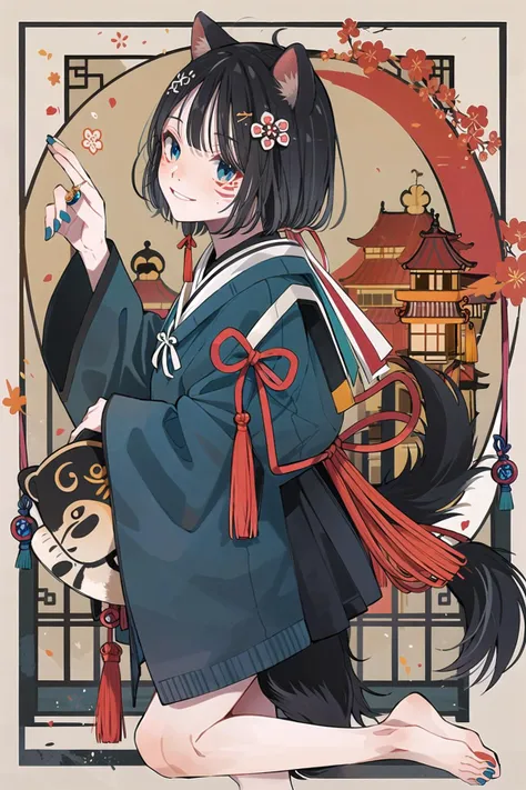 KoiKoi, 1girl, animal ears, solo, tail, flower, black hair, blue eyes, looking at viewer, shimenawa, smile, hair ornament, bangs, paw pose, rope, blue nails, facial mark, year of the dog, tassel, chinese zodiac, full body, from side, kouhaku nawa, dog ears, nail polish
<lora:KoiKoi:1>