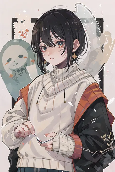 KoiKoi, 1girl, jewelry, solo, black hair, earrings, white background, ring, long sleeves, sleeves past wrists,ghost, parted lips, looking at viewer,cowboy shot, <lora:KoiKoi:1>