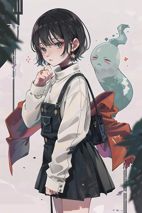 KoiKoi, 1girl, jewelry, solo, black hair, earrings, white background, ring, long sleeves, sleeves past wrists,ghost, parted lips, looking at viewer,cowboy shot, <lora:KoiKoi:1>