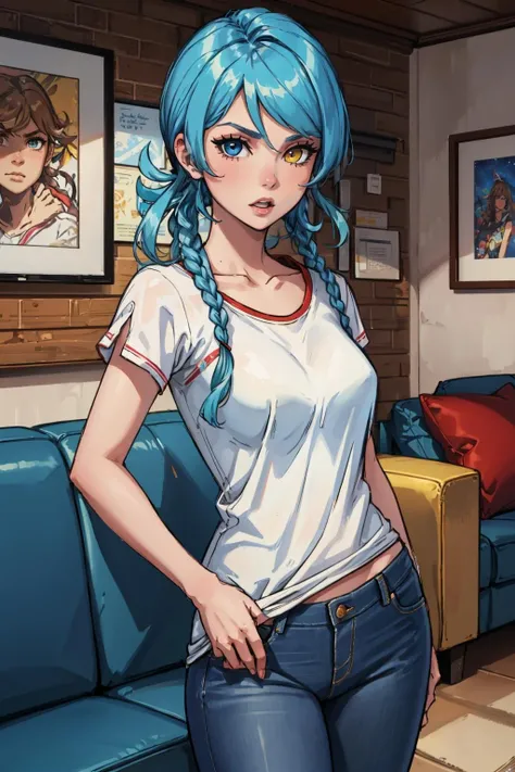 masterpiece, best quality, mizuki, twin braids, heterochromia, white t-shirt, jeans, indoors, sofa, looking at viewer, surprised <lora:mizukidate-nvwls-v1-final:0.9>
