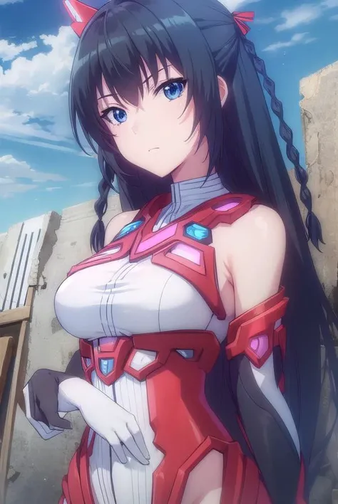 hayuruhimekawa, <lora:hayuru himekawa s1-lora-nochekaiser:1>,
hayuru himekawa, long hair, (black eyes:1.3), black hair, hair ribbon, braid, twin braids,
BREAK gloves, bare shoulders, elbow gloves, sword, leotard, headgear, mecha musume,
BREAK outdoors, sky, blue sky, sun, clouds,
BREAK looking at viewer, (cowboy shot:1.5),
BREAK <lyco:GoodHands-beta2:1>, (masterpiece:1.2), best quality, high resolution, unity 8k wallpaper, (illustration:0.8), (beautiful detailed eyes:1.6), extremely detailed face, perfect lighting, extremely detailed CG, (perfect hands, perfect anatomy),