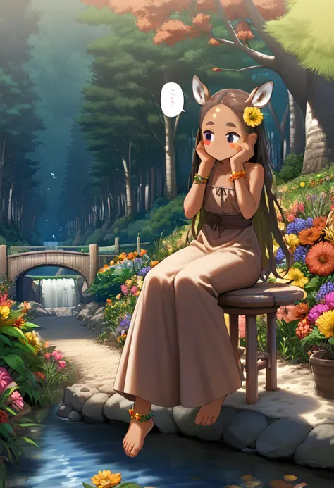 score_9, score_8_up, score_7_up, score_6_up, score_5_up,, ,, source_anime,forest,bridge,river,deer ears,tree,dappled sunlight,falling leaves,floating hair,outdoors,market stall, 1girl,solo,flat chest,rest,brown dress, very long dress,brown hair,very long hair,dark skin,dark-skinned female,narrow waist,forehead,flower anklet,barefoot,flower bracelet,black eyes,thick eyebrows,body blush,blush stickers, spoken blush,>