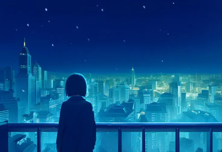 score_9, score_8_up, source_anime, 1girl, cowboy shot, rule of thirds, composition, cinematic, very wide shot, night, night sky, skyline, cityscape, snowing, looking away, from behind, cinematic, cold lighting, blue theme, dark theme, silhouette,