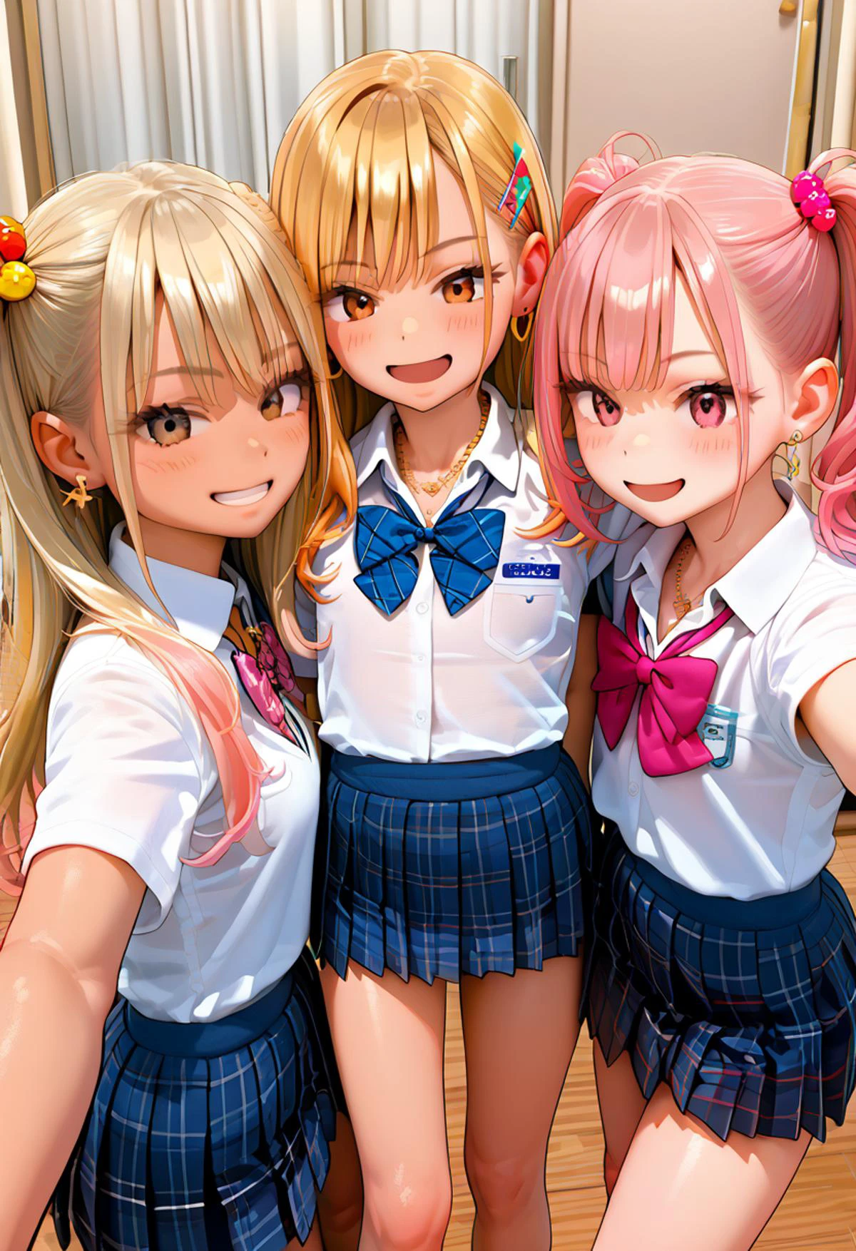 score_9, score_8_up, score_7_up, score_6_up, source_anime,
3girls, skinny, young girls, group selfie, gyaru, jewellery, accessories, school uniform